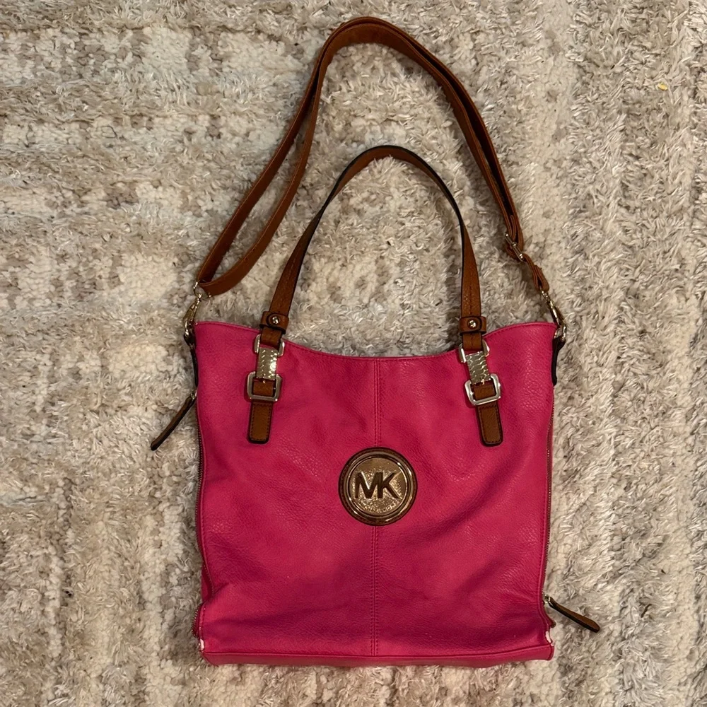 Michael Kors Hot Pink Leather Tote with Brown Straps